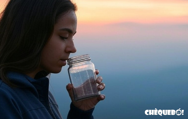 Vista de una chica respirando oxígeno de un bote de cristal.