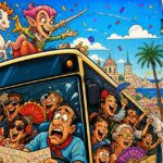 Viñeta satírica del bus gratuito de Fogueres de Alicante con logo de Chéquebò superpuesto