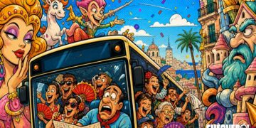 Viñeta satírica del bus gratuito de Fogueres de Alicante con logo de Chéquebò superpuesto