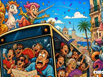 Viñeta satírica del bus gratuito de Fogueres de Alicante con logo de Chéquebò superpuesto