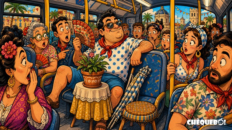 Armando Bronca intenta empadronarse dentro del bus de Fogueres Viñeta satírica de Armando Bronca empadronándose en un autobús de Fogueres en Alicante