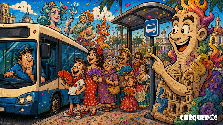 Una hoguera pulsa la parada solicitada del bus Viñeta satírica de una hoguera de Alicante pulsando la parada solicitada del bus gratuito