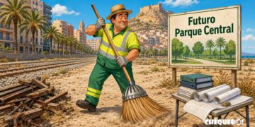 ilustración satírica de la limpieza del futuro Parque Central de Alicante