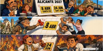 viñeta ChéQuebò sobre el calendario de festivos locales de Alicante 2027 con Santa Faz y Sant Joan