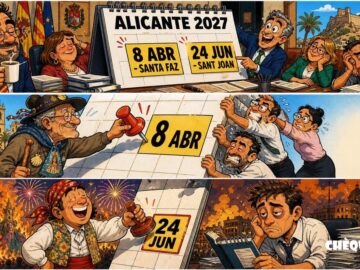 viñeta ChéQuebò sobre el calendario de festivos locales de Alicante 2027 con Santa Faz y Sant Joan
