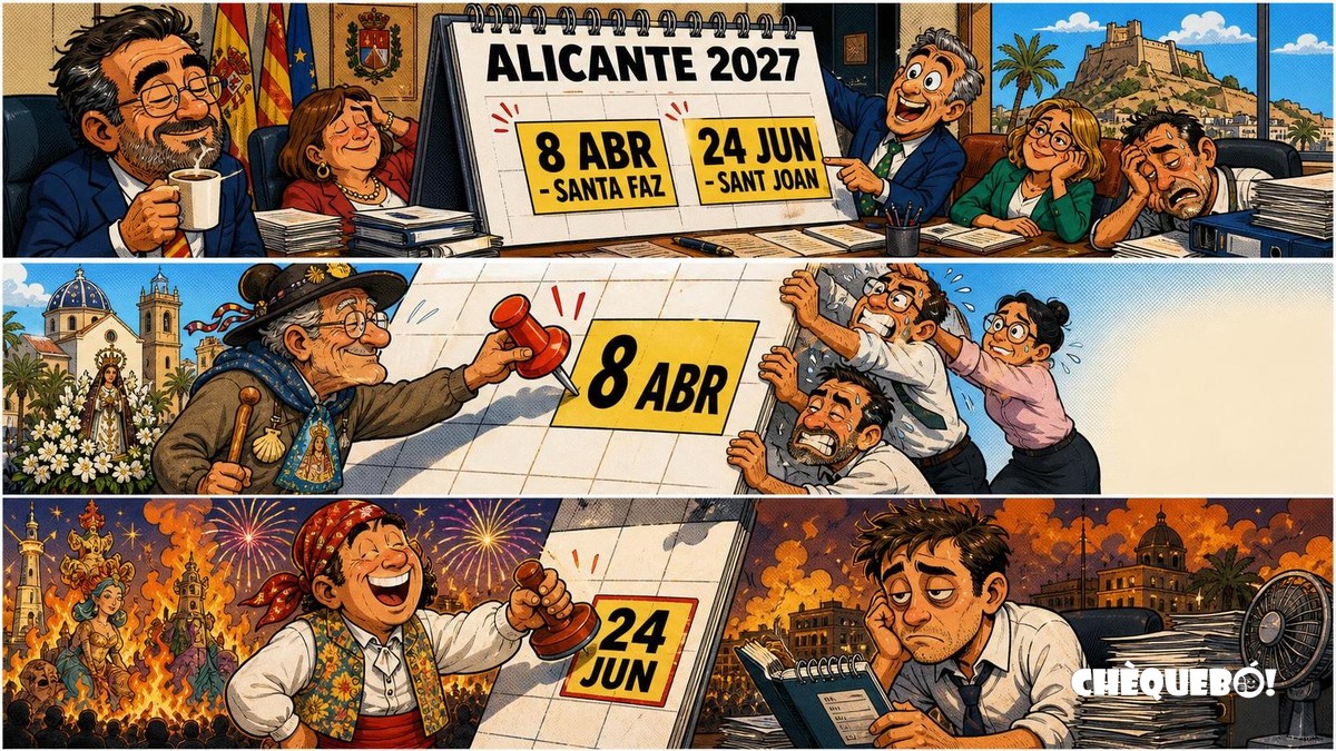 viñeta ChéQuebò sobre el calendario de festivos locales de Alicante 2027 con Santa Faz y Sant Joan