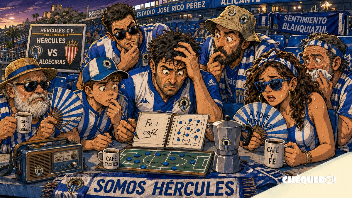 viñeta pop art de una sola escena con aficionados del Hércules tomando café