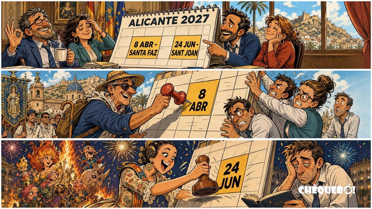viñeta ChéQuebò de Sant Joan y Hogueras encajando el 24 de junio en el calendario de Alicante