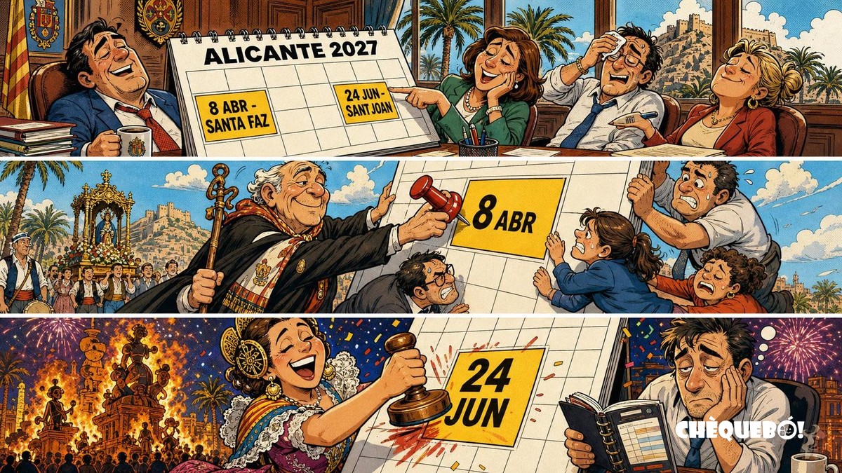 viñeta ChéQuebò de Santa Faz negociando su festivo local de abril en Alicante