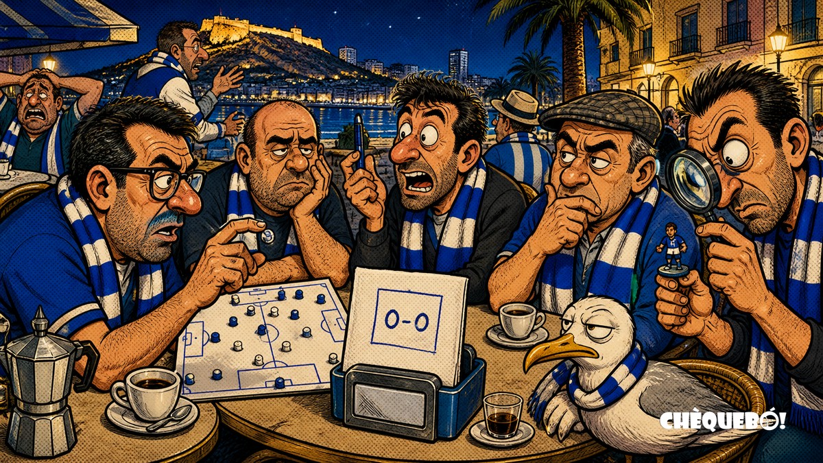La afición herculana analiza el 0-0 con café y libreta táctica viñeta pop art de aficionados del Hércules analizando un empate sin goles en Alicante
