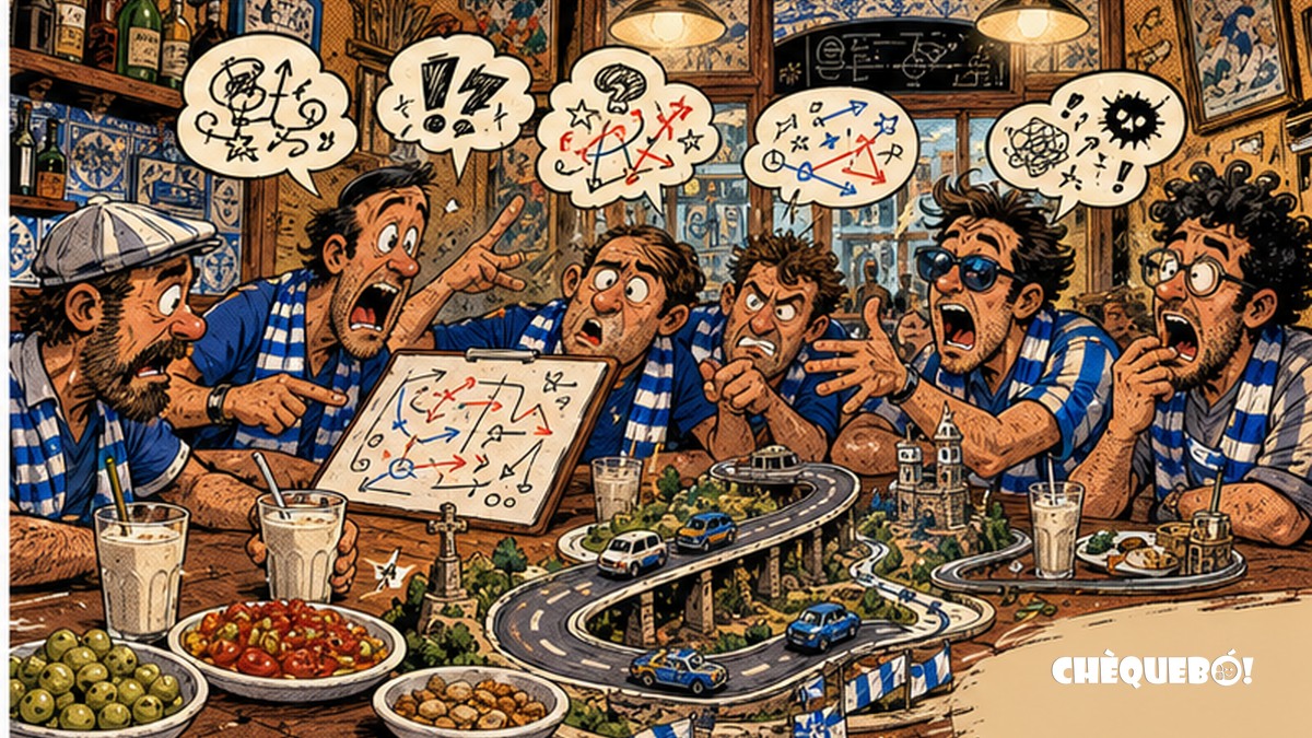 viñeta pop art de aficionados del Hércules analizando el Alcoyano-Hércules en un bar