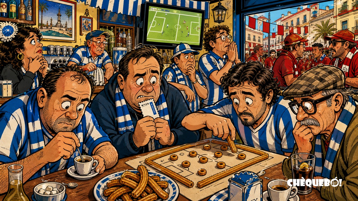 La afición herculana prepara el Hércules-Real Murcia con café y churros tácticos viñeta pop art de aficionados del Hércules preparando el partido en un bar de Alicante