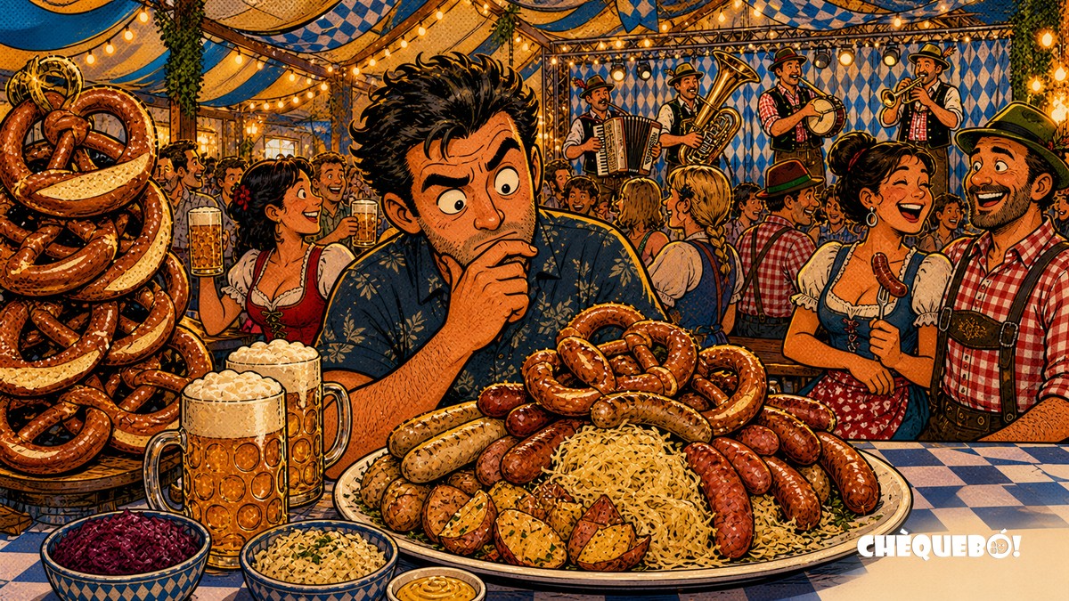 viñeta pop art de comida alemana y música bávara en Oktoberfest La Nucía