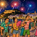 viñeta pop art de fuegos artificiales en Dénia con público confundido por el horario
