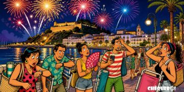 viñeta pop art de fuegos artificiales en Dénia con público confundido por el horario
