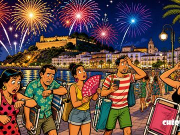 viñeta pop art de fuegos artificiales en Dénia con público confundido por el horario