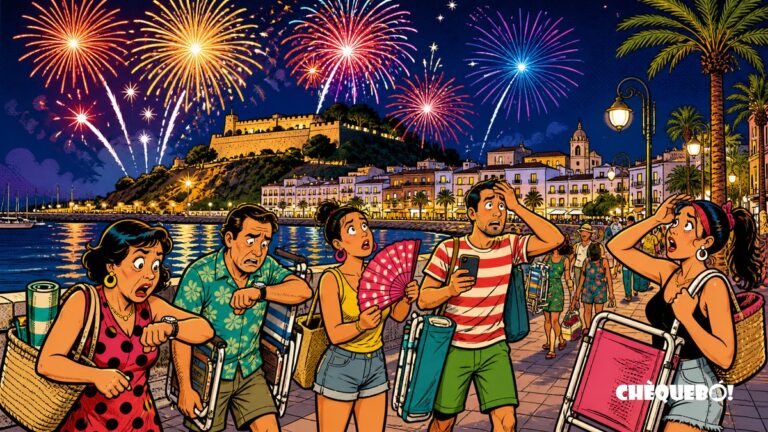 viñeta pop art de fuegos artificiales en Dénia con público confundido por el horario