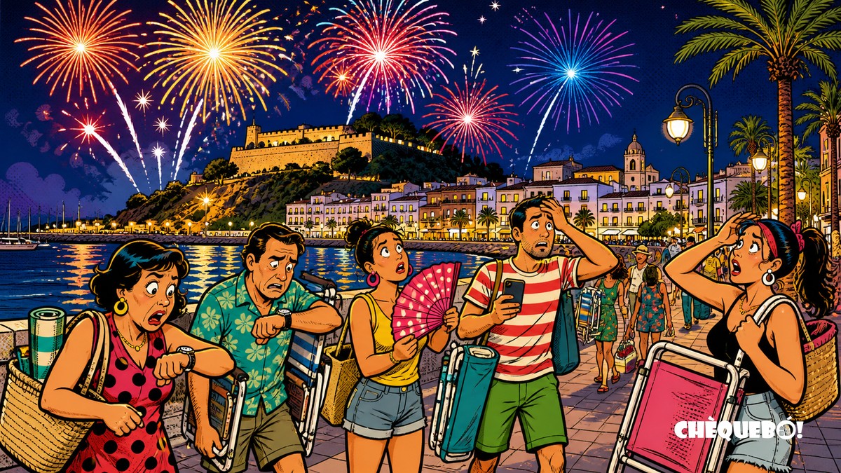 viñeta pop art de fuegos artificiales en Dénia con público confundido por el horario