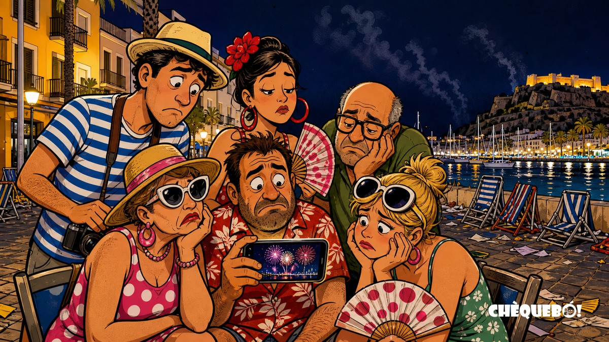 Vecinos de Dénia viendo los fuegos en el móvil después del castillo viñeta pop art de vecinos viendo fuegos artificiales en el móvil tras llegar tarde