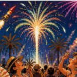 viñeta pop art de Elche en Festes d'Agost 2026 con palmeras y pólvora