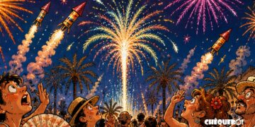 viñeta pop art de Elche en Festes d'Agost 2026 con palmeras y pólvora
