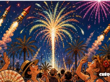 viñeta pop art de Elche en Festes d'Agost 2026 con palmeras y pólvora