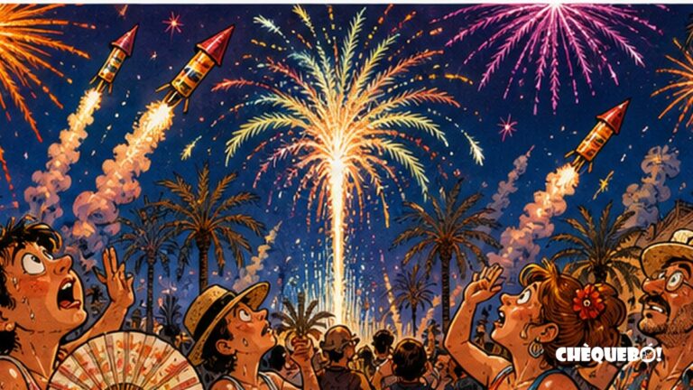 viñeta pop art de Elche en Festes d'Agost 2026 con palmeras y pólvora