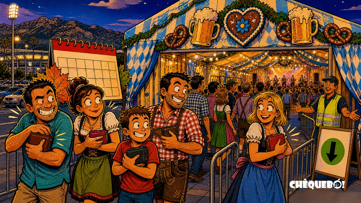 viñeta pop art de público entrando gratis a la carpa de Oktoberfest La Nucía