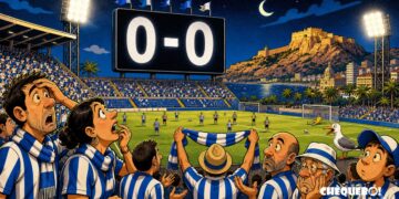 viñeta pop art del Hércules contra el Castellón en el Rico Pérez con marcador 0-0