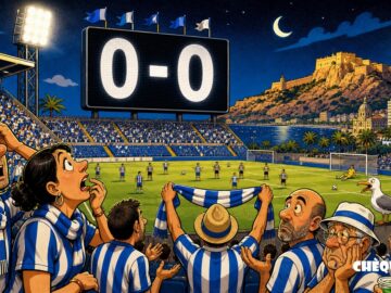 viñeta pop art del Hércules contra el Castellón en el Rico Pérez con marcador 0-0