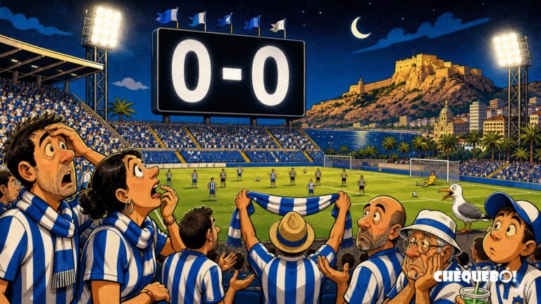 viñeta pop art del Hércules contra el Castellón en el Rico Pérez con marcador 0-0