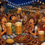 viñeta pop art de Oktoberfest Alicante 2026 en La Nucía con jarras gigantes