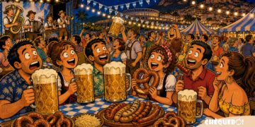 viñeta pop art de Oktoberfest Alicante 2026 en La Nucía con jarras gigantes