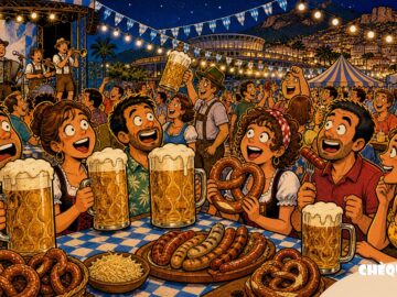 viñeta pop art de Oktoberfest Alicante 2026 en La Nucía con jarras gigantes