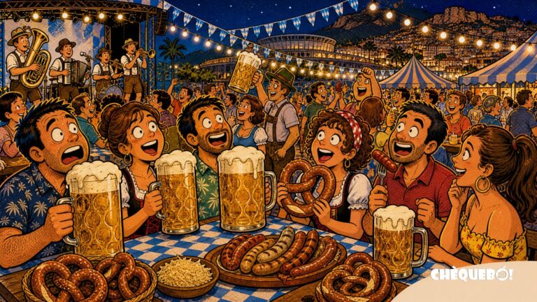 viñeta pop art de Oktoberfest Alicante 2026 en La Nucía con jarras gigantes