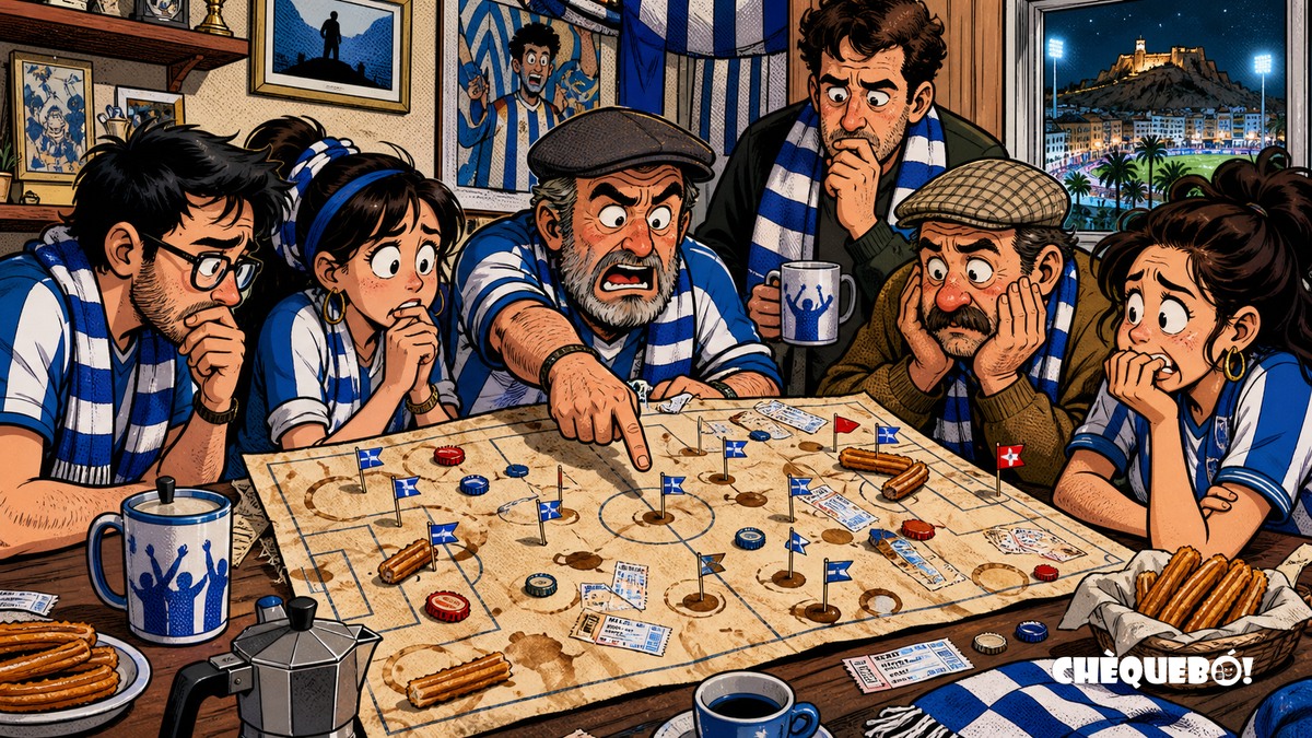 El patiment herculano estudia al Real Murcia con una pizarra de café viñeta pop art de una peña del Hércules estudiando una pizarra táctica absurda