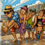 viñeta pop art de turistas esperando un lavapiés en Playa San Juan Alicante