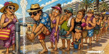 viñeta pop art de turistas esperando un lavapiés en Playa San Juan Alicante