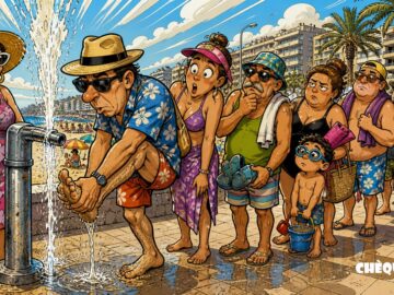 viñeta pop art de turistas esperando un lavapiés en Playa San Juan Alicante