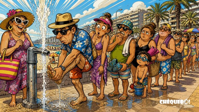 viñeta pop art de turistas esperando un lavapiés en Playa San Juan Alicante
