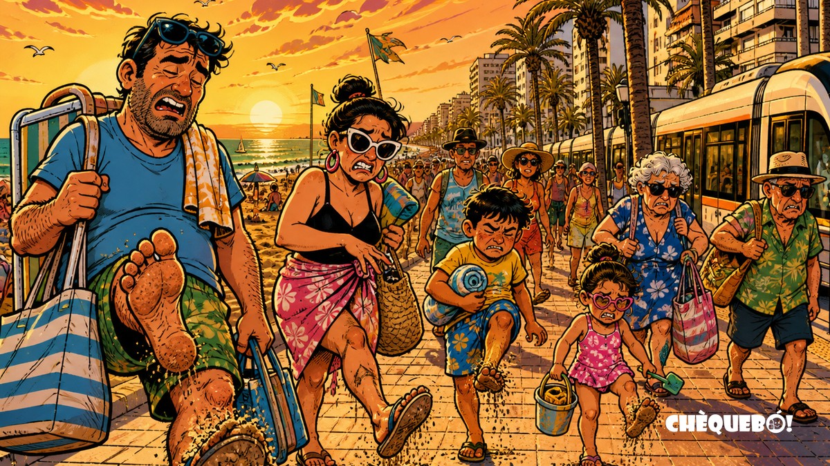 viñeta pop art de alicantinos saliendo con arena de Playa San Juan