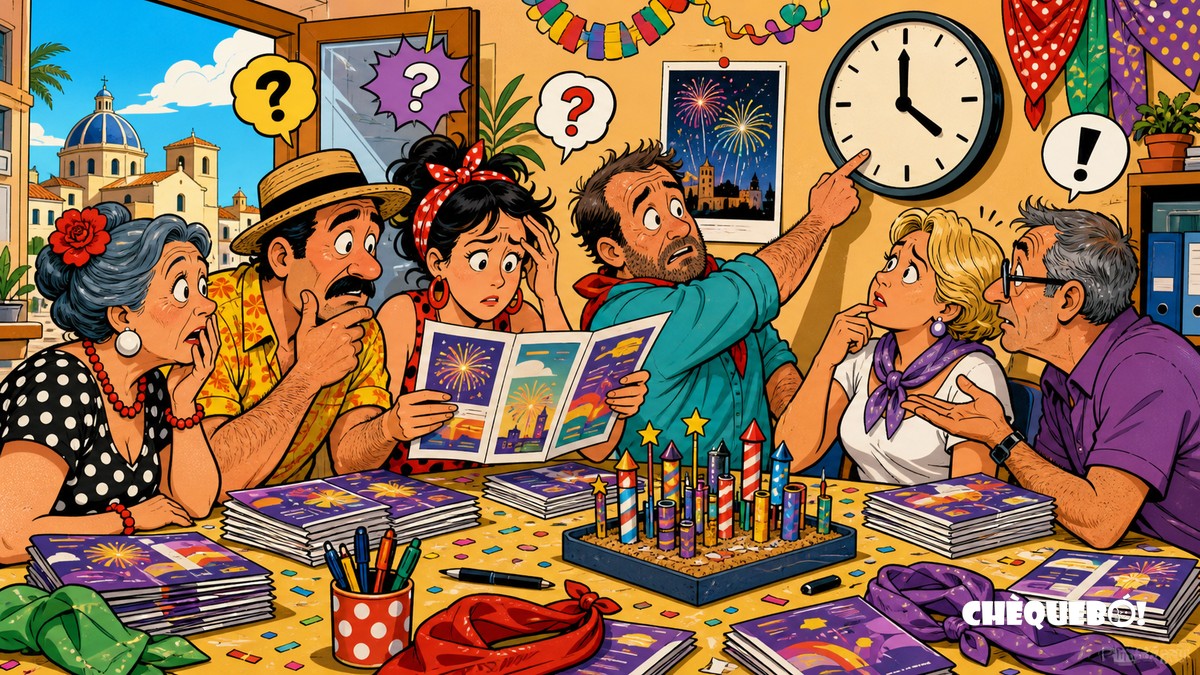 Programa de fiestas de Dénia y un horario que no se pone de acuerdo viñeta pop art de un programa de fiestas de Dénia con horario confuso