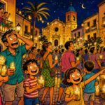viñeta pop art de La Noche en Vela en Sant Joan d'Alacant con miles de velas