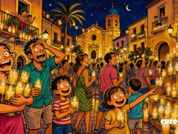 viñeta pop art de La Noche en Vela en Sant Joan d'Alacant con miles de velas