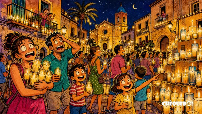 viñeta pop art de La Noche en Vela en Sant Joan d'Alacant con miles de velas
