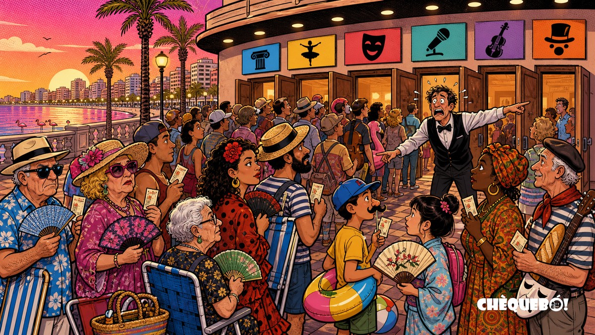 viñeta pop art de una cola cultural en Torrevieja junto al paseo marítimo