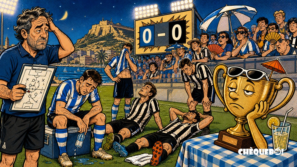 El Trofeo Ciudad de Alicante contempla un empate sin goles viñeta pop art de banquillo y trofeo aburrido tras el Hércules Castellón