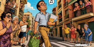 vecino de San Blas caminando con papeles mientras el barrio se escandaliza