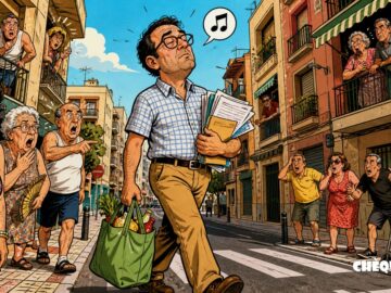 vecino de San Blas caminando con papeles mientras el barrio se escandaliza