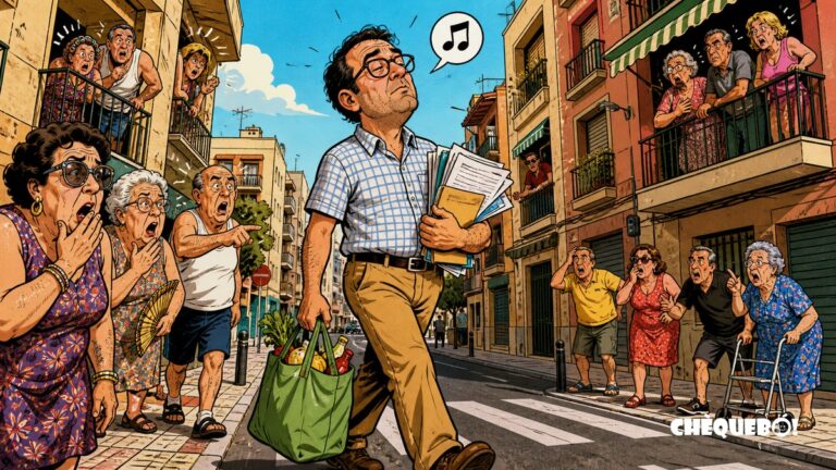 vecino de San Blas caminando con papeles mientras el barrio se escandaliza